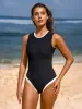 Contrast Round Neck Backless One-Piece Swimsuit sold by BERLOOK