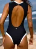 Contrast Round Neck Backless One-Piece Swimsuit sold by BERLOOK