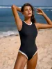 Contrast Round Neck Backless One-Piece Swimsuit sold by BERLOOK