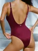 Burgundy Geometric Backless One-Piece Swimsuit sold by BERLOOK
