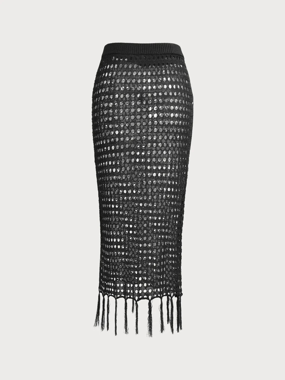 Black Pointelle-Knit Fringe Cover-Up Skirt sold by BERLOOK product image thumbnail 5