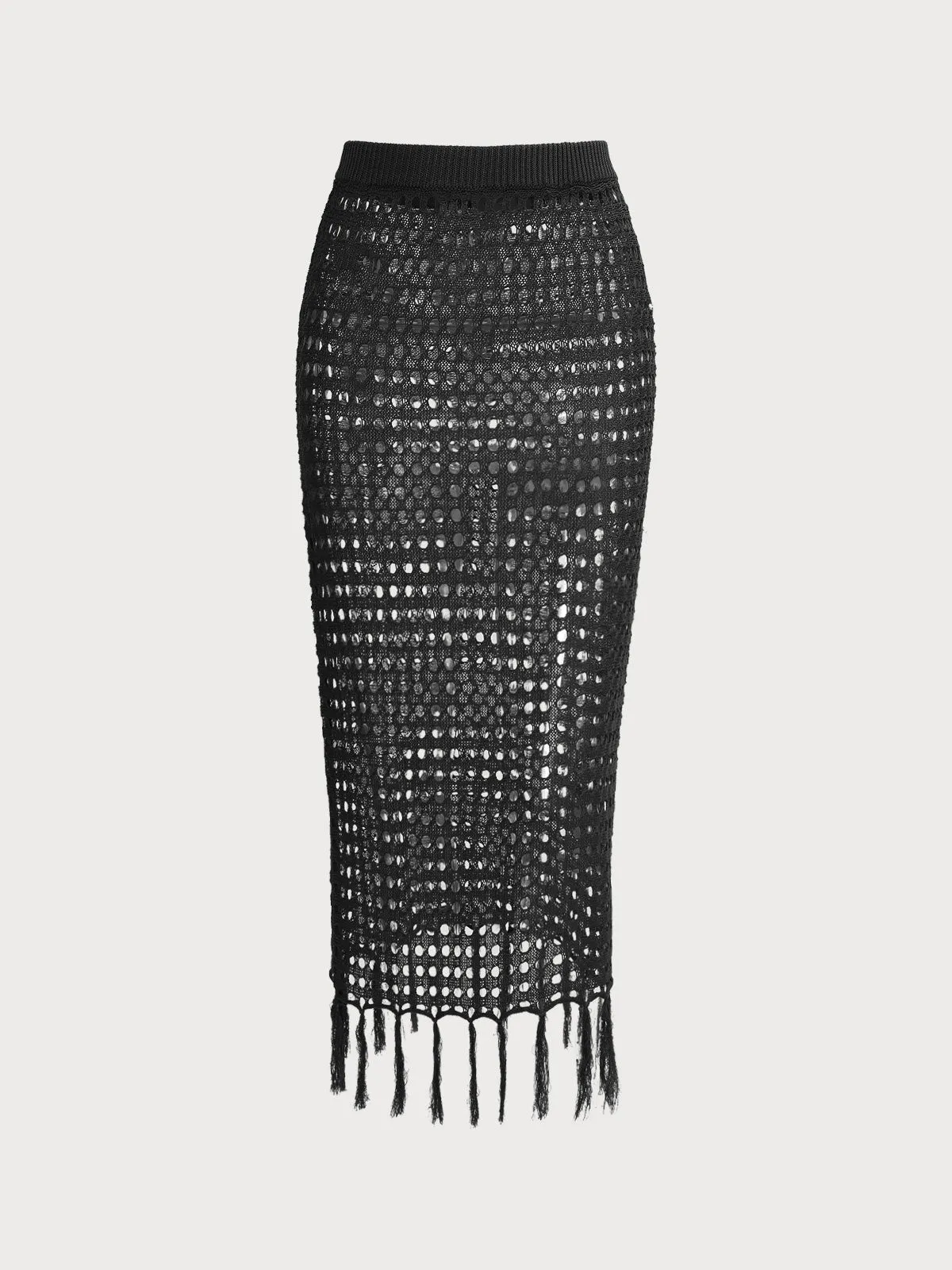 Black Pointelle-Knit Fringe Cover-Up Skirt sold by BERLOOK product image thumbnail 4