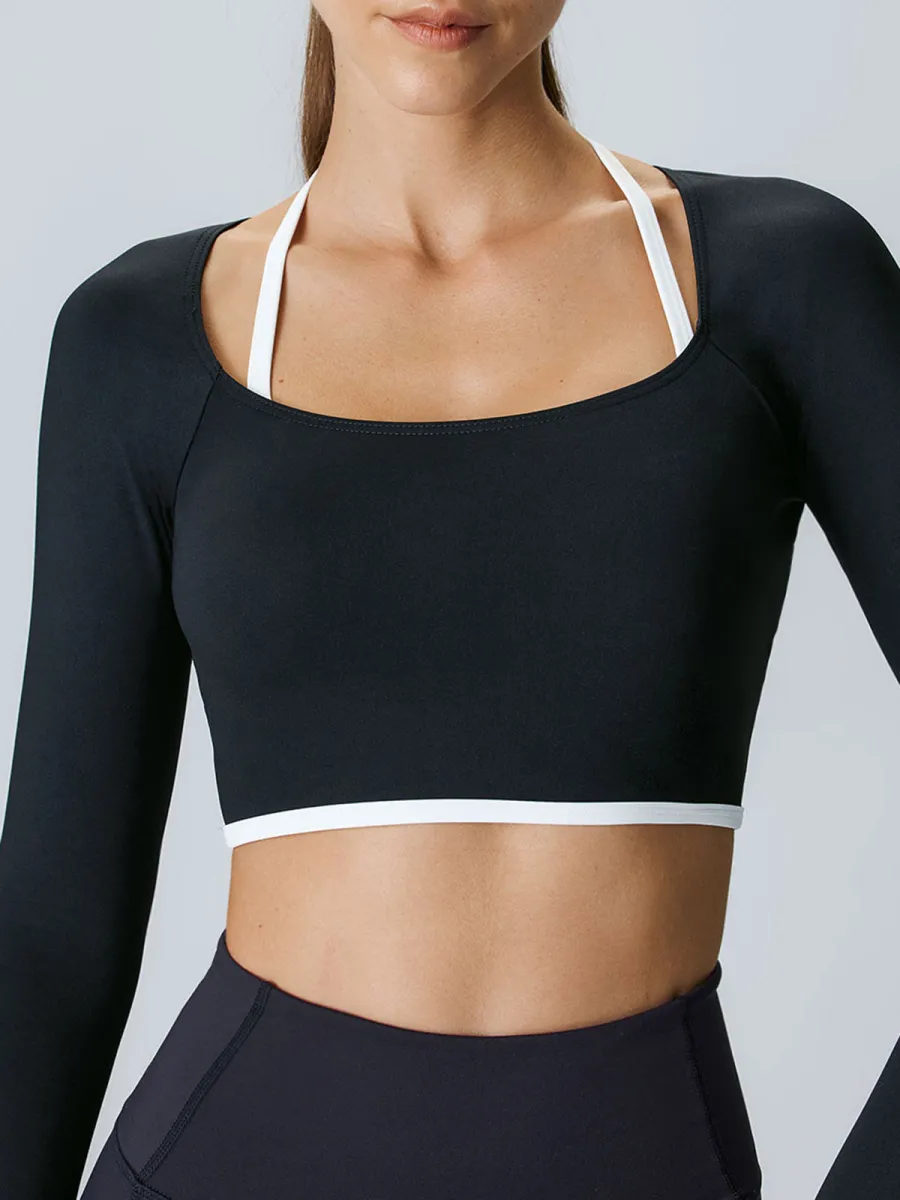 Black Contrast Halter Long Sleeve Top - Light Support sold by BERLOOK