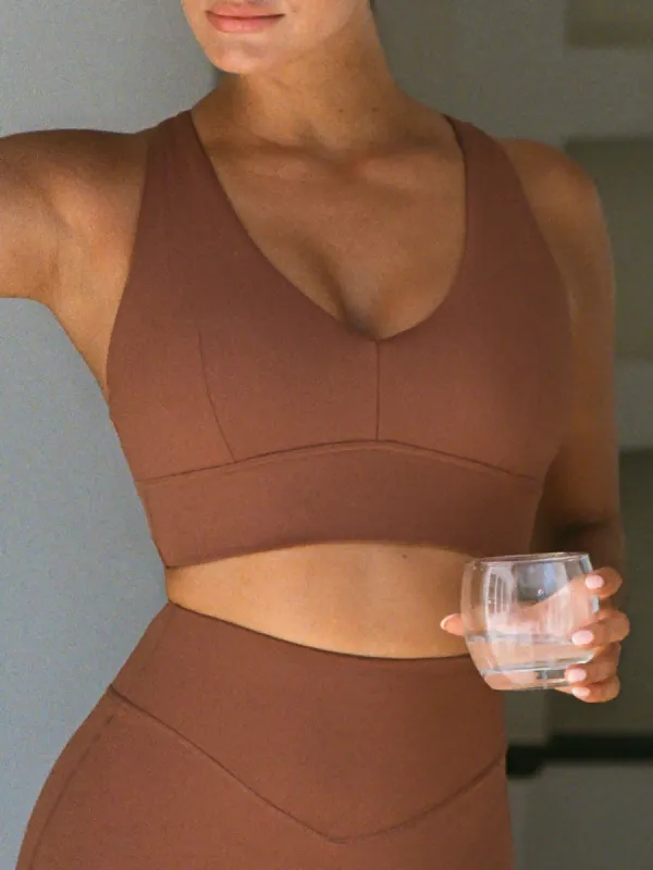 Brown V Neck Sports Bra sold by BERLOOK