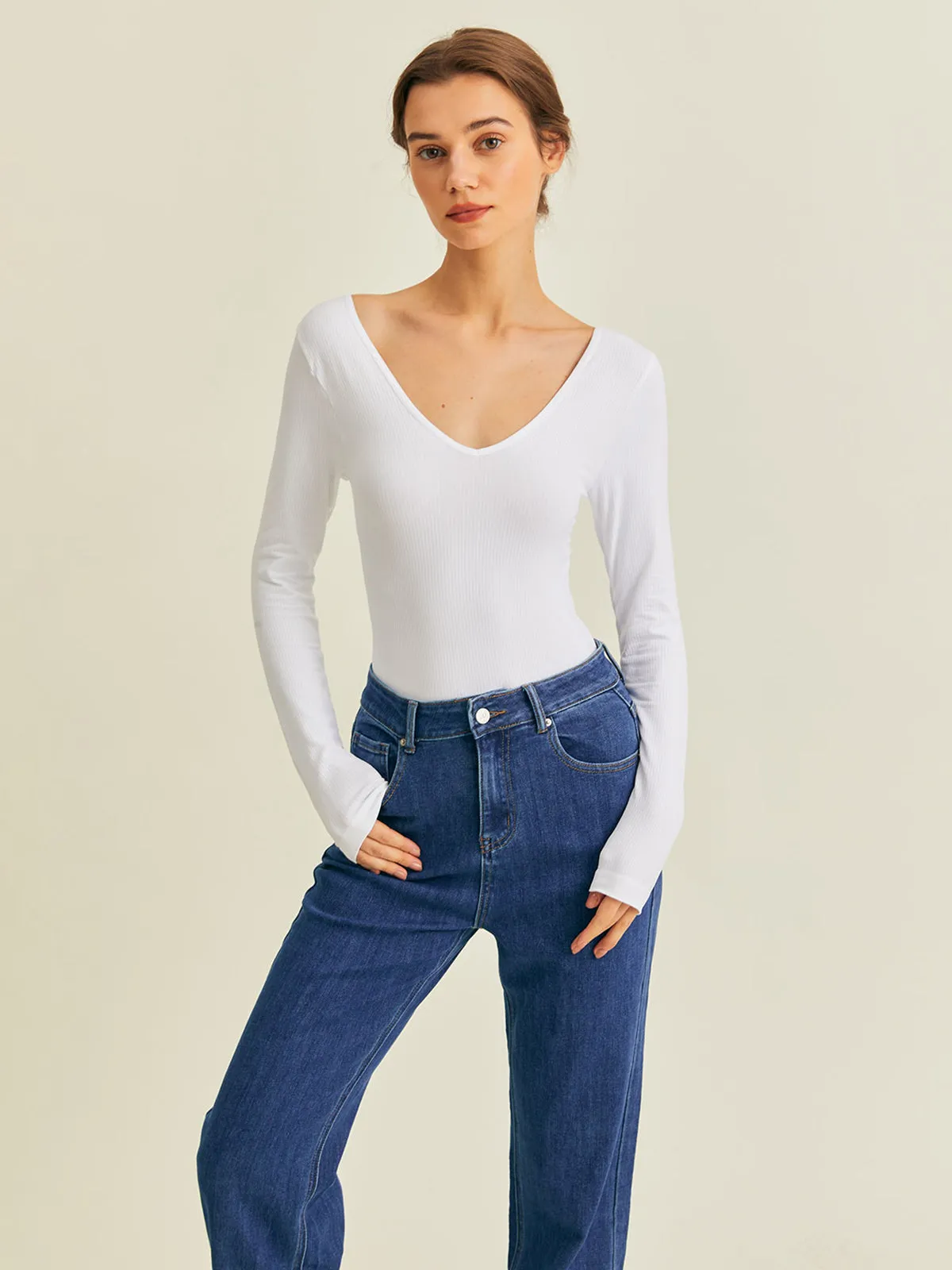 White U Neck Long Sleeves Bodysuit sold by BERLOOK product image thumbnail 2