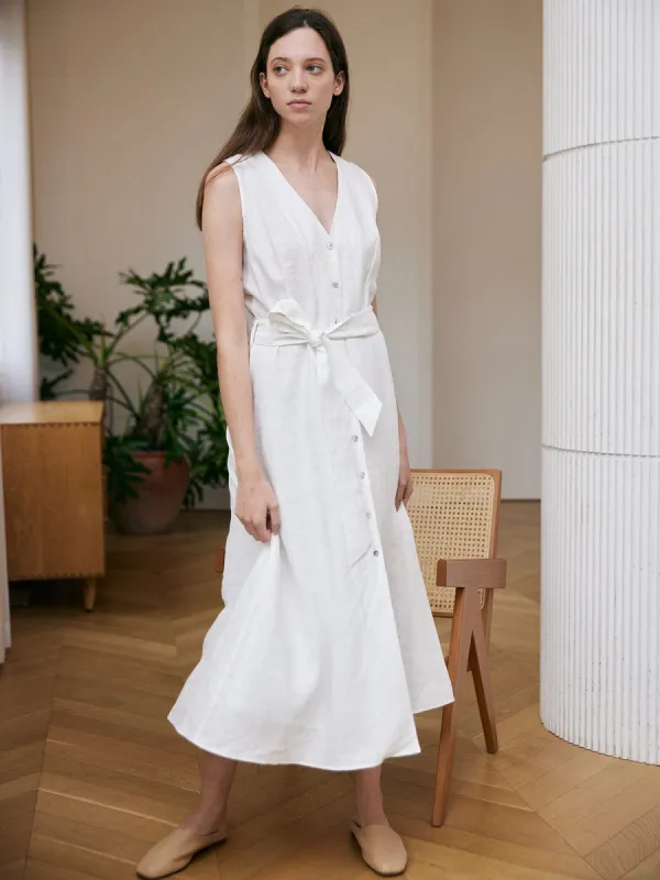 Sleeveless Belt Linen Midi Dress sold by BERLOOK