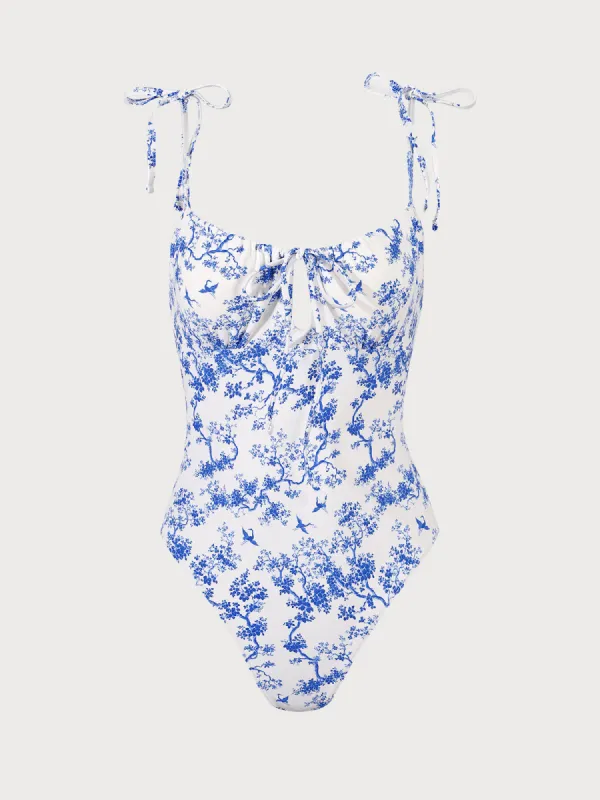 Blue Retro Floral Drawstring One-Piece Swimsuit sold by BERLOOK