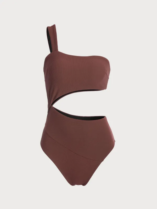 Coffee One Shoulder Cut Out One-Piece Swimsuit sold by BERLOOK