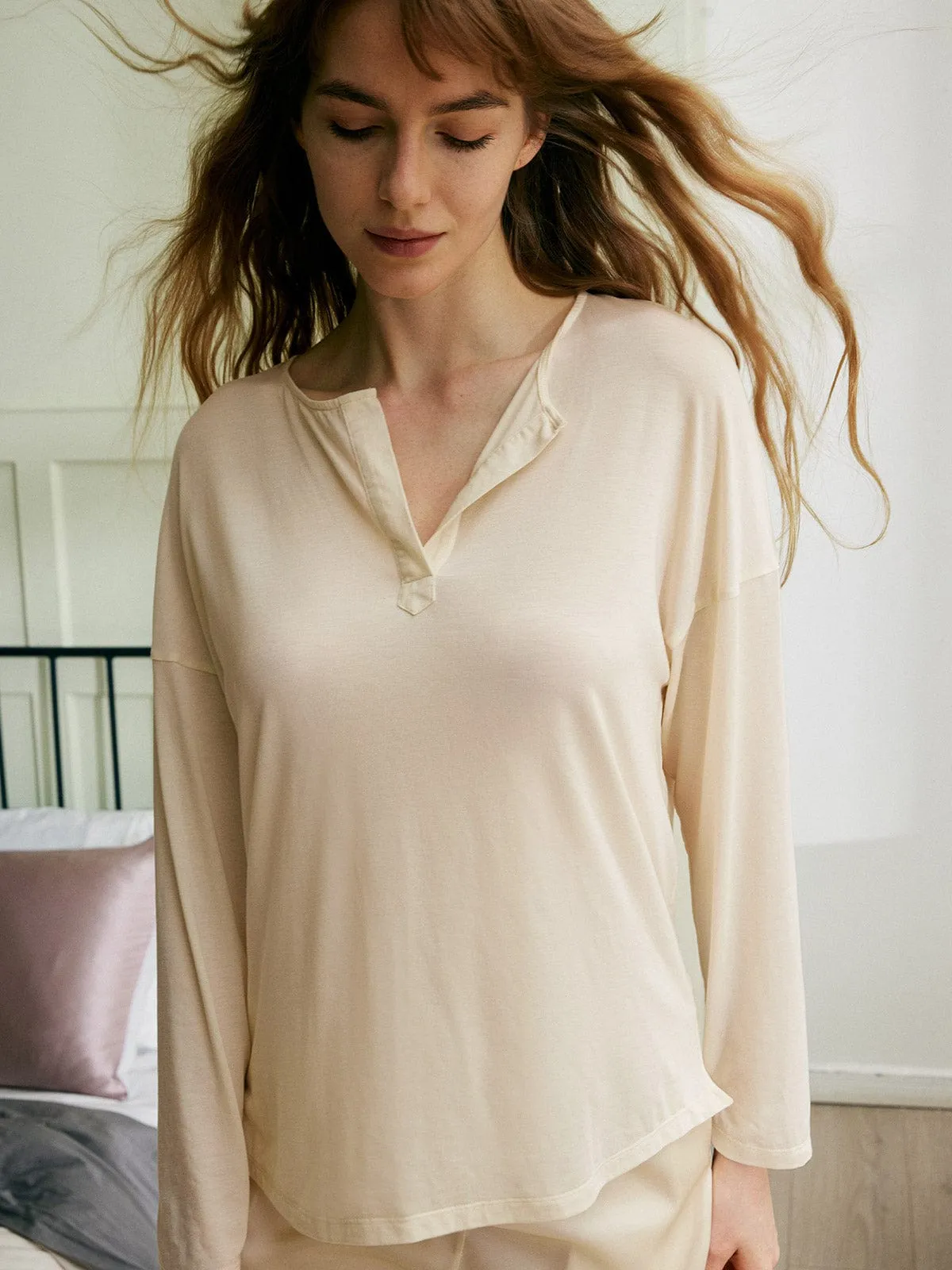 V Neck TENCEL™ Lyocell Fibers Split Top sold by BERLOOK