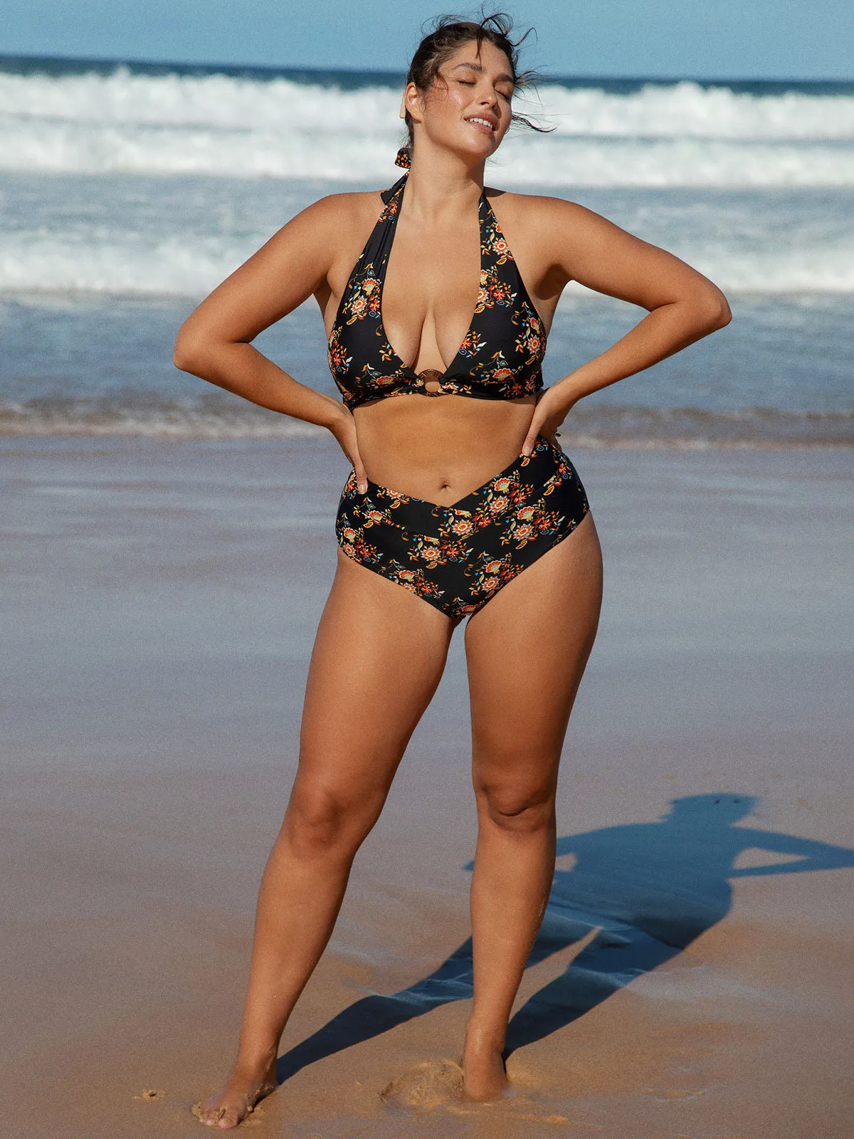 Black O-Ring Floral Halter Plus Size Bikini Top sold by BERLOOK product image thumbnail 4