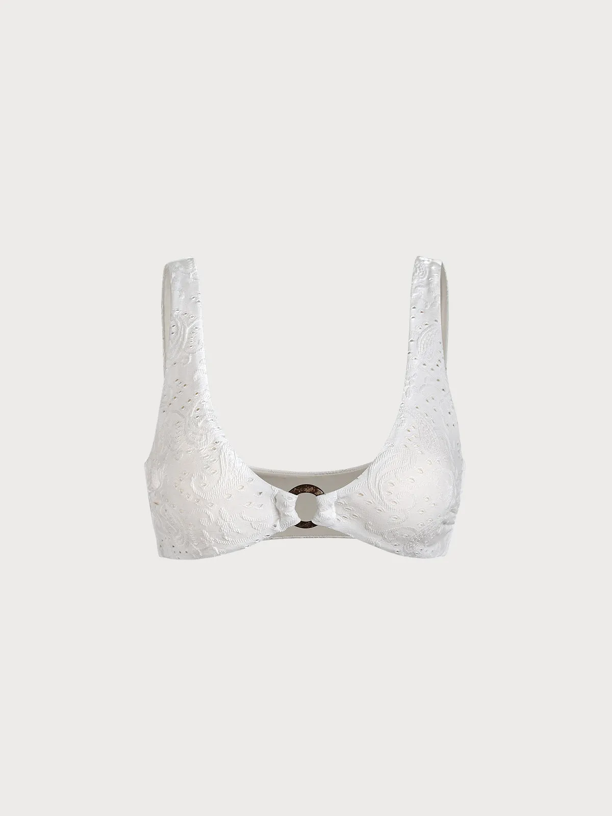 White Textured O-Ring Bralette Bikini Top sold by BERLOOK