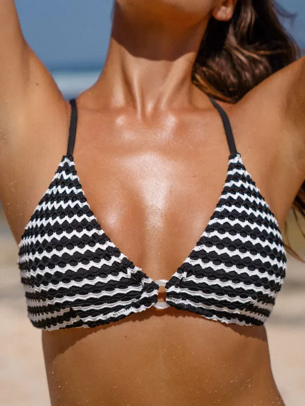 Black Geometric Textured O-Ring Bikini Top sold by BERLOOK