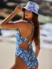 Blue Textured V Neck Backless One-Piece Swimsuit sold by BERLOOK