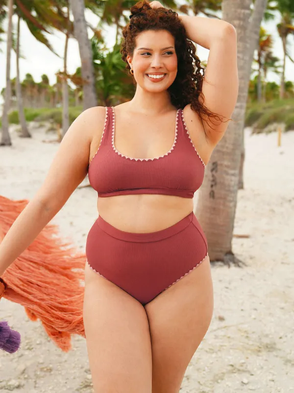 Contrast Stitch Longline Plus Size Bikini Top sold by BERLOOK