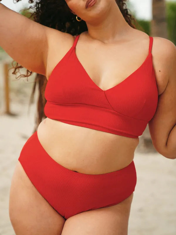 Red V-Neck Ribbed Plus Size Bikini Top sold by BERLOOK