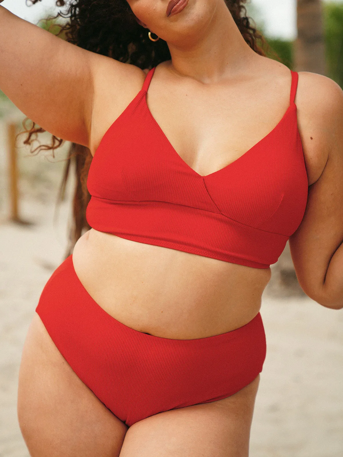 Red V-Neck Ribbed Plus Size Bikini Top sold by BERLOOK