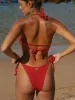 Red Floral Jacquar Tie Bikini Bottom sold by BERLOOK