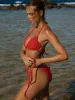 Red Floral Jacquar Tie Bikini Bottom sold by BERLOOK