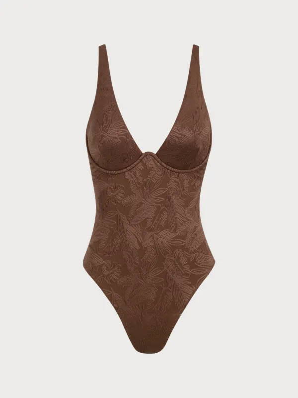 Coffee Jacquard Underwire One-Piece Swimsuit sold by BERLOOK