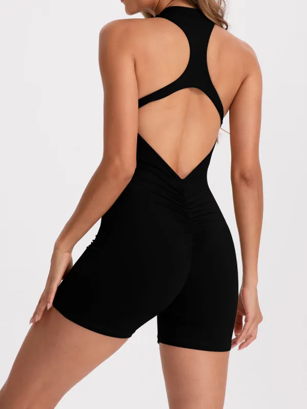 Black Mock Neck Zipper Yoga Jumpsuit - Light Support sold by BERLOOK