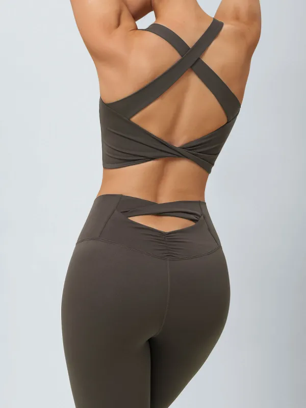 Dark Coffee Twist X-Cross Sports Bra - Light Support sold by BERLOOK