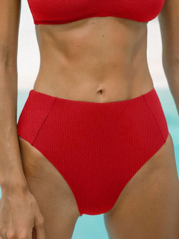 Red Ribbed Seam Full Coverage Bikini Bottom sold by BERLOOK