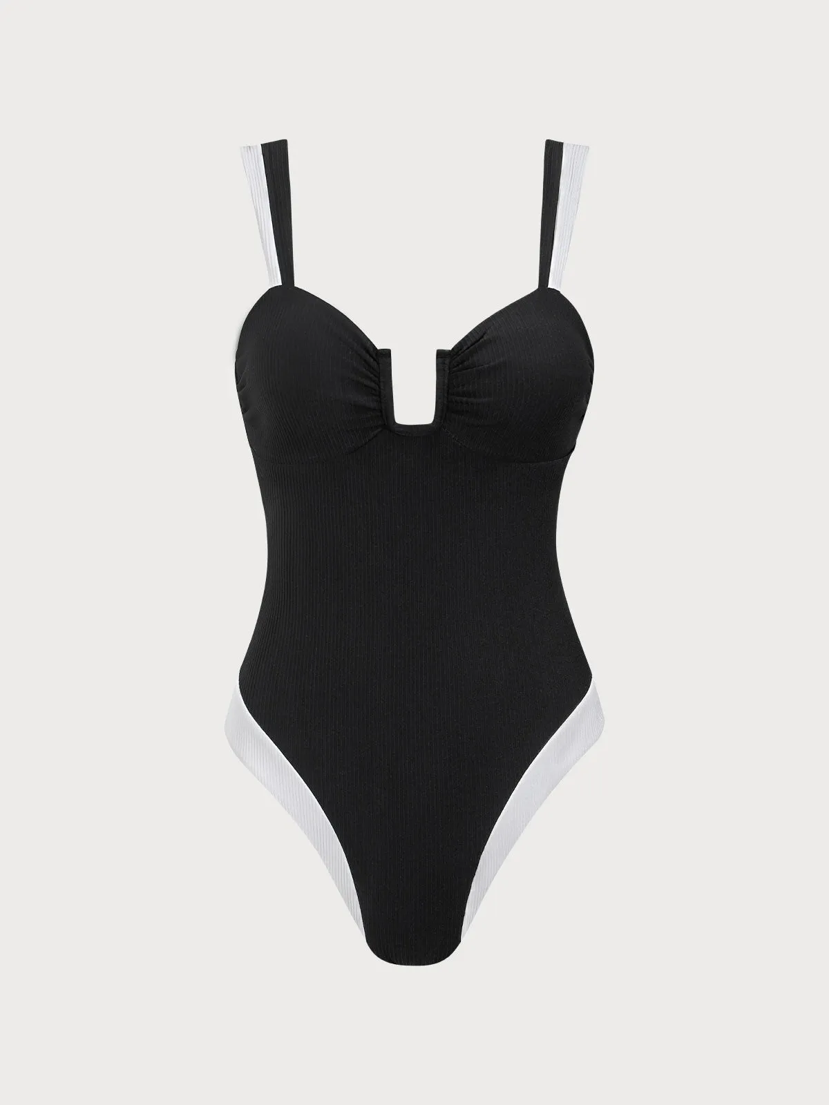 Black Contrast U Neck One-Piece Swimsuit sold by BERLOOK