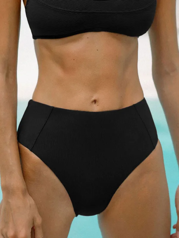 Black Ribbed Seam Full Coverage Bikini Bottom sold by BERLOOK