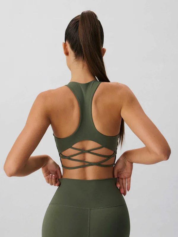 Army Green Cross Back Sports Bra - Light Support sold by BERLOOK
