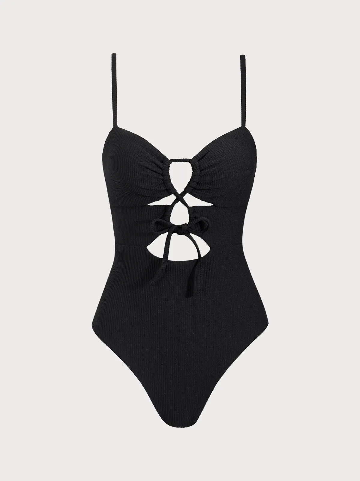 Black Ribbed Tie Front One-Piece Swimsuit sold by BERLOOK