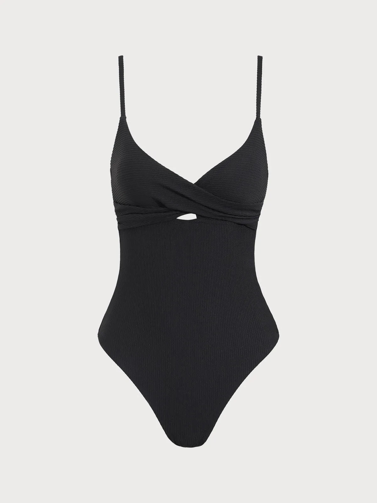 Black Ribbed Twist Knot One-Piece Swimsuit sold by BERLOOK
