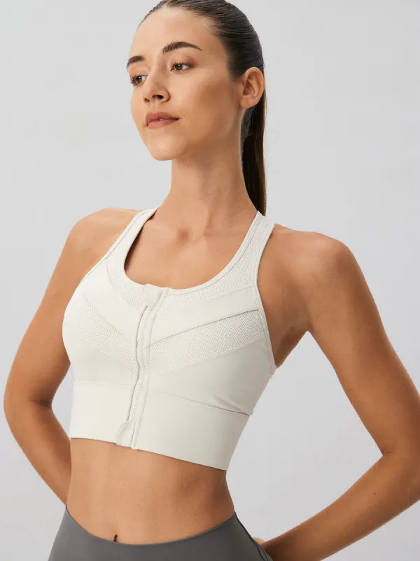 Beige Front-Zip Mesh Lycra® Sports Bra - High Support sold by BERLOOK
