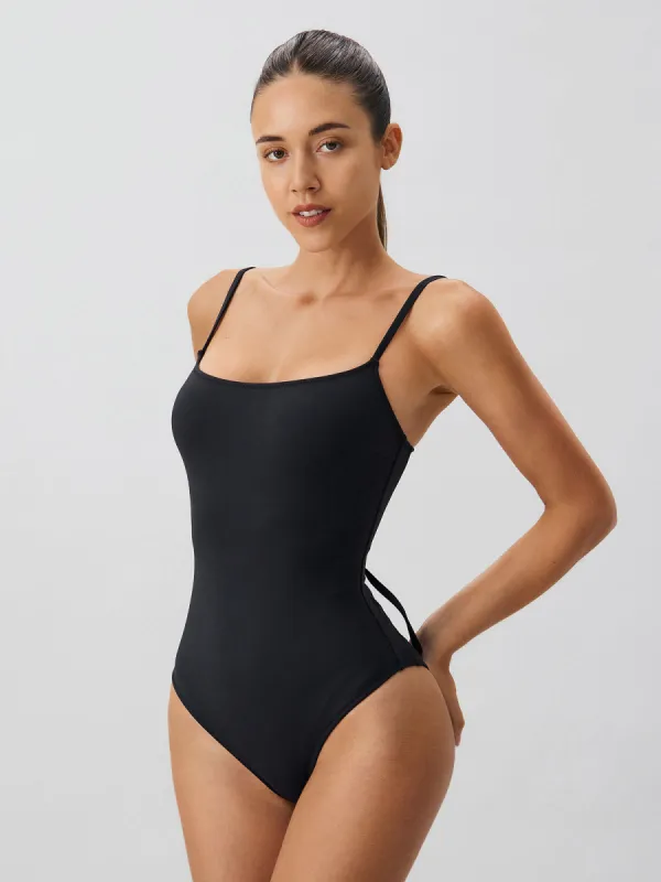 Black Square Neck Tummy Control One-Piece Swimsuit sold by BERLOOK