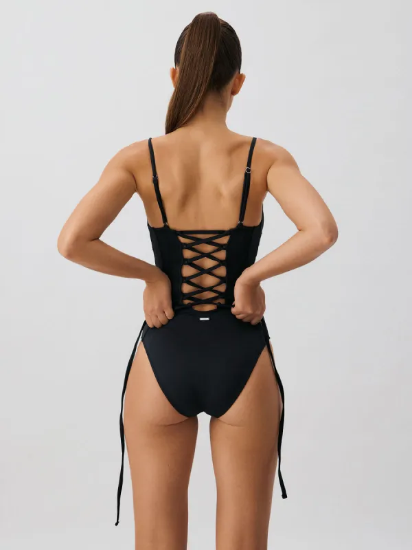 Black V Neck Tummy Control One-Piece Swimsuit sold by BERLOOK