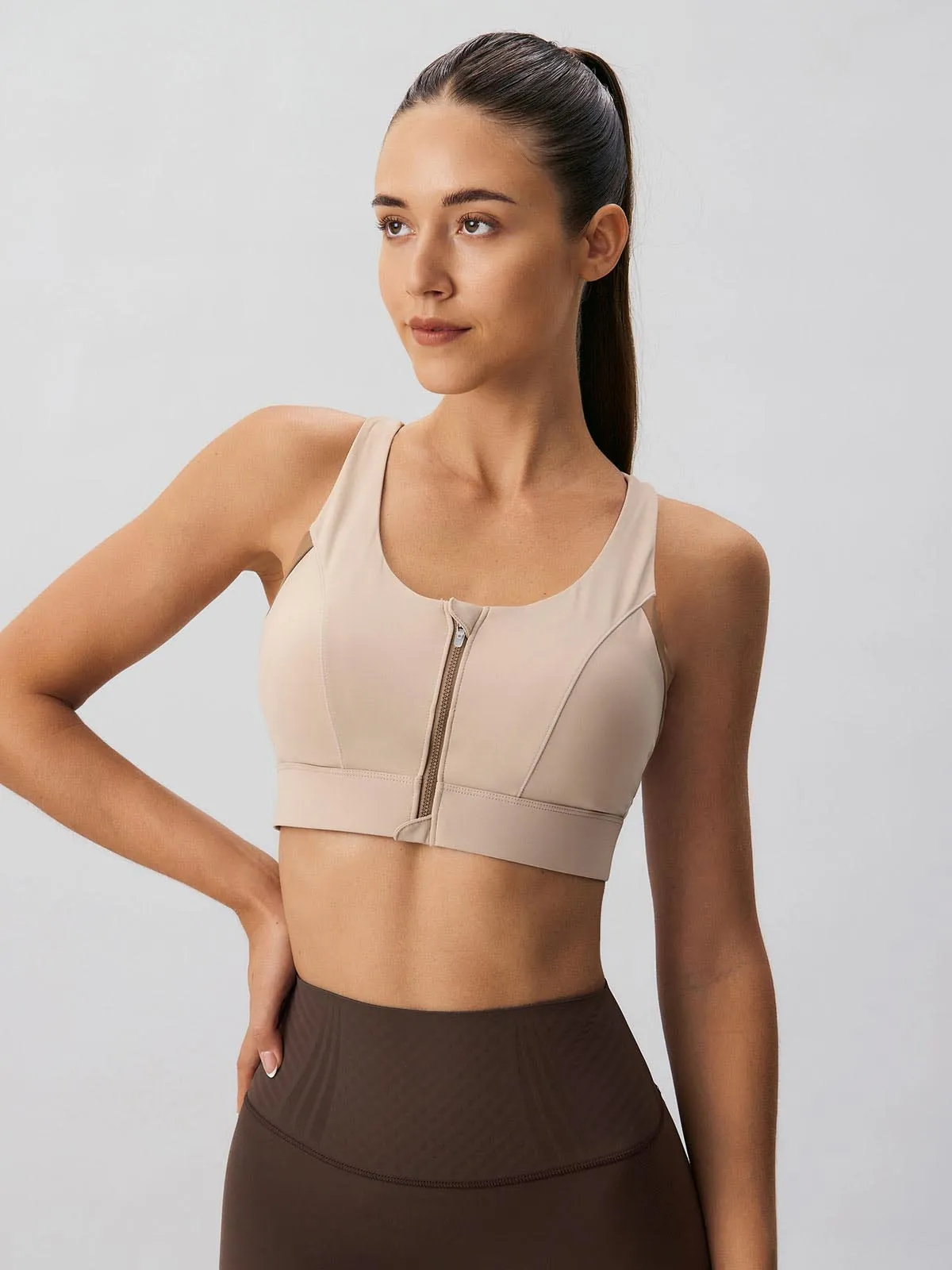 Khaki Front-Zip Sports Bra - High Support sold by BERLOOK