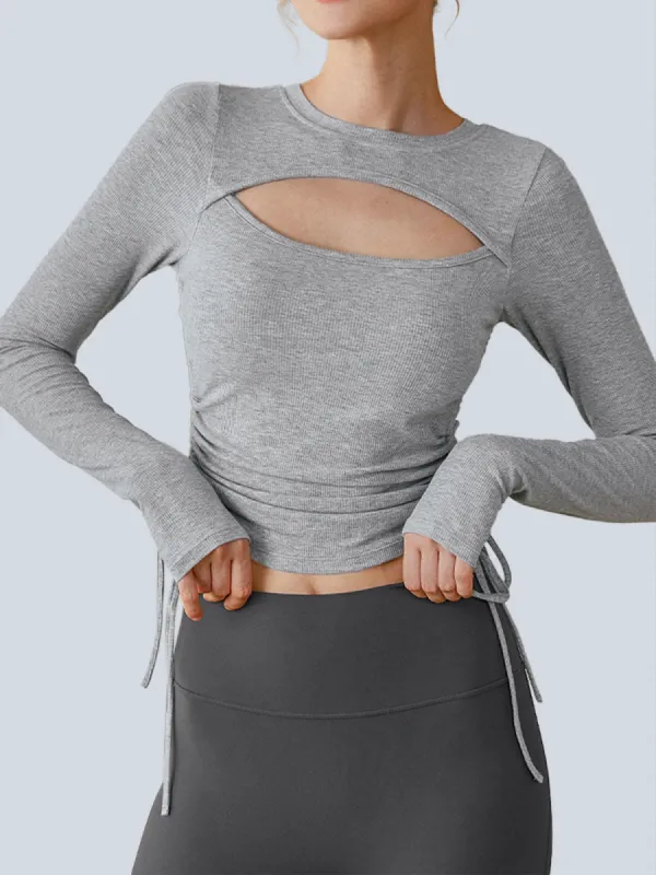 Grey Cut Out Drawstring Long Sleeve Top - Light Support sold by BERLOOK