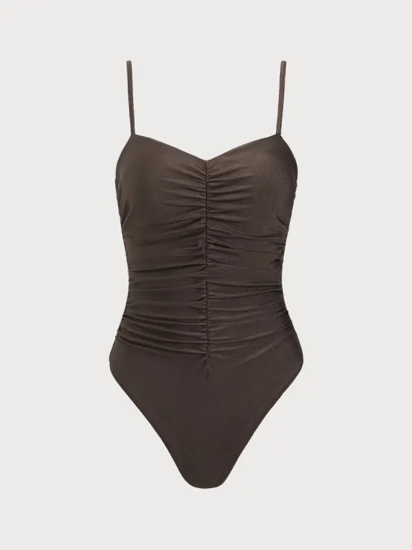 Dark Coffee Ruched One-Piece Swimsuit sold by BERLOOK