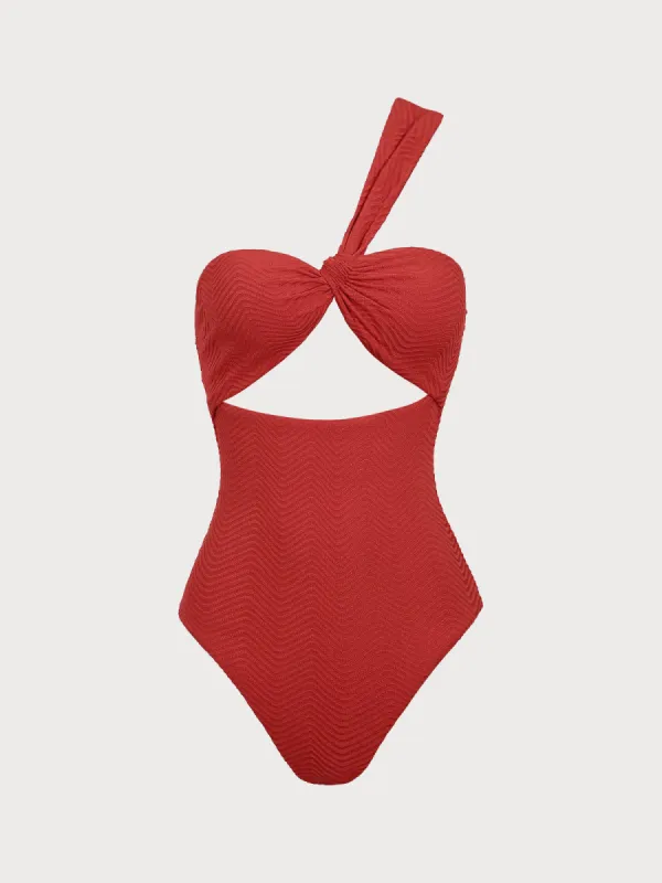 Red Textured One Shoulder One-Piece Swimsuit sold by BERLOOK