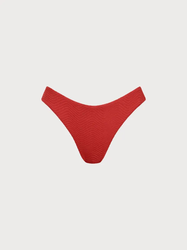 Red Textured Wave Cut Bikini Bottom sold by BERLOOK