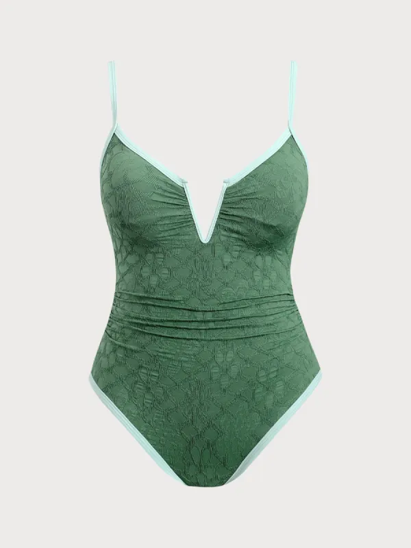 Dark Green Jacquard V Notch Plus Size One-Piece Swimsuit sold by BERLOOK