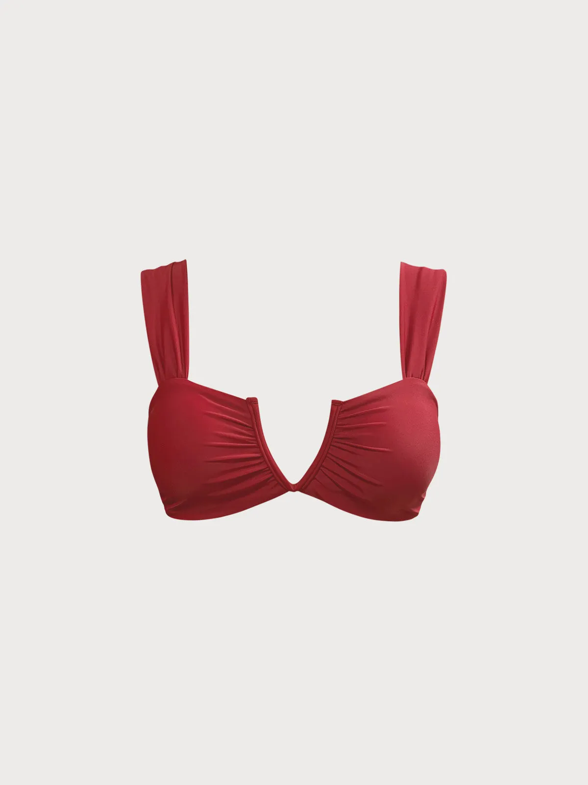 Red Ruched V Neck Bikini Top sold by BERLOOK