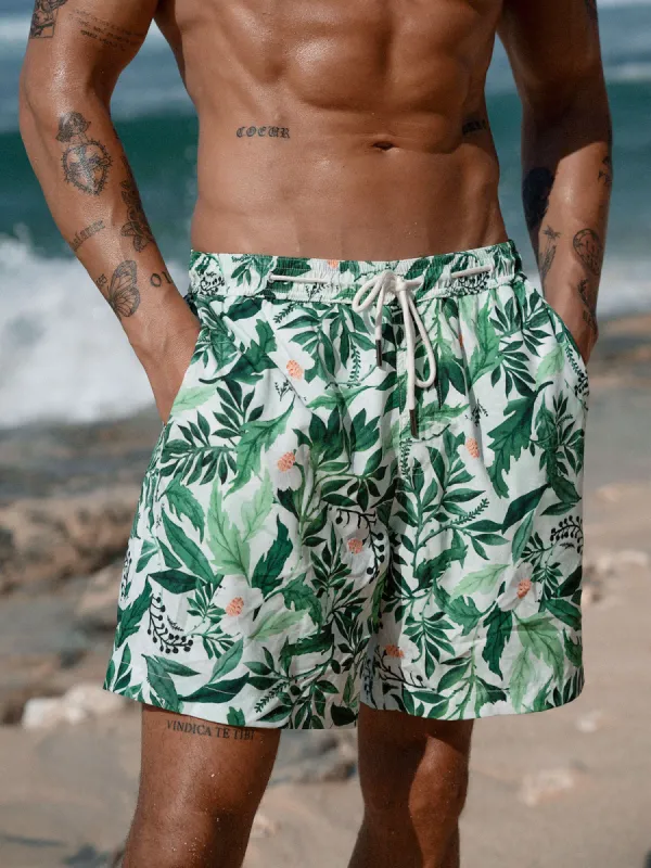 Hapnix® - The Green Floral Men's 7" Swim Trunks sold by BERLOOK