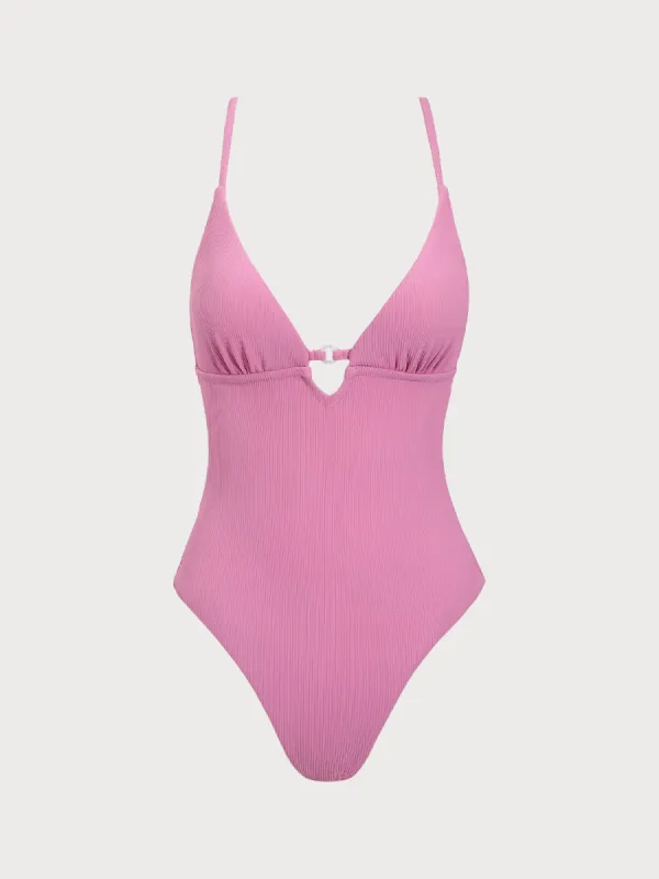 Pink Textured Cutout One Piece Swimwear sold by BERLOOK