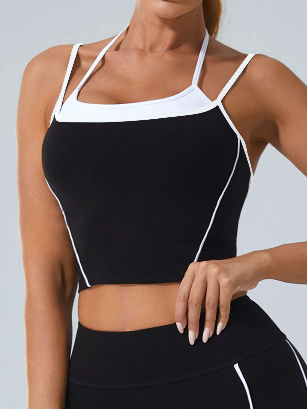 Black Contrast Straps Line Sports Bra - Light Support sold by BERLOOK