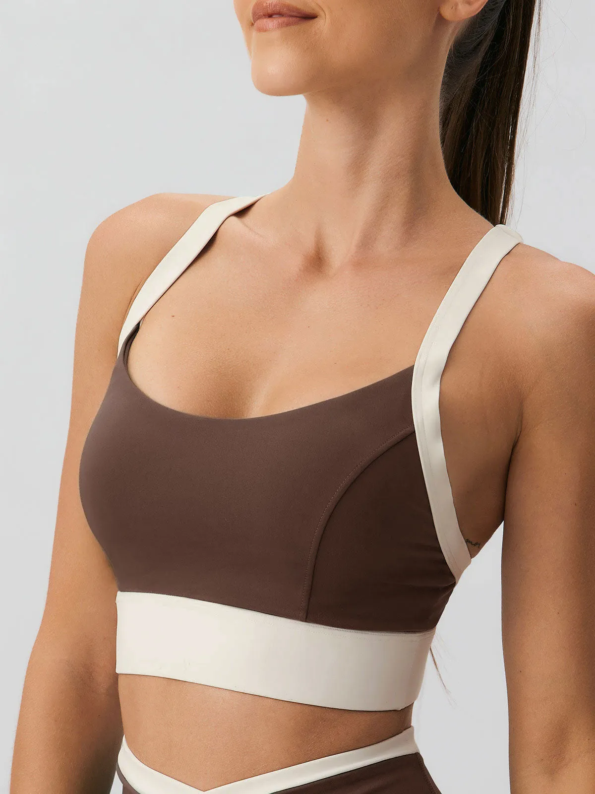 Coffee Contrast U Neck Sports Bra - Light Support sold by BERLOOK