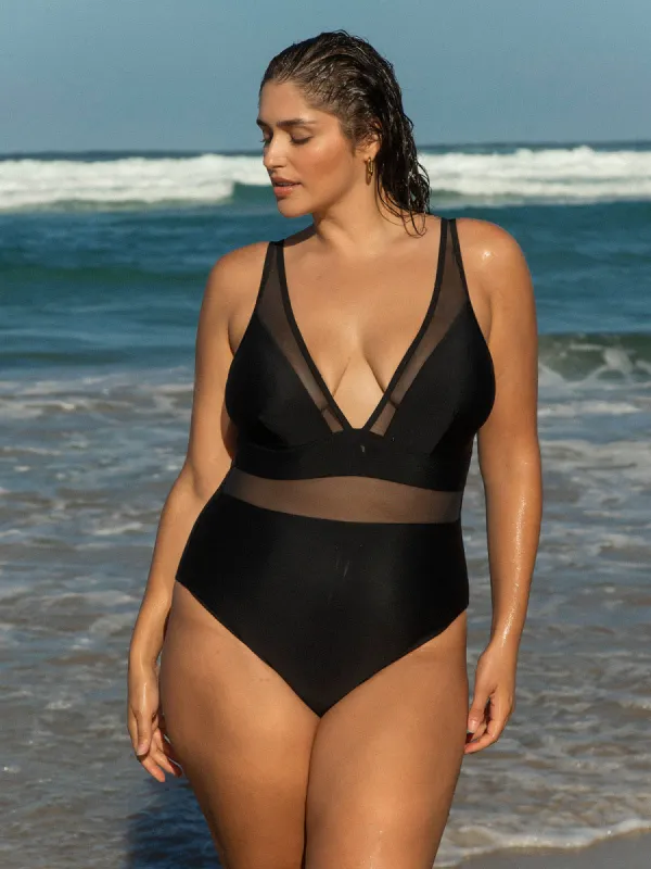 Black Sheer V-Neck Plus Size One-Piece Swimsuit sold by BERLOOK