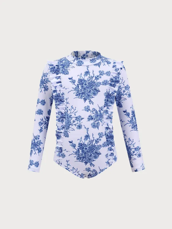 Girls' Blue Floral Ruffled One-Piece sold by BERLOOK
