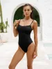 Black Ribbed Cross Back One-Piece Swimsuit sold by BERLOOK