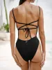Black Ribbed Cross Back One-Piece Swimsuit sold by BERLOOK