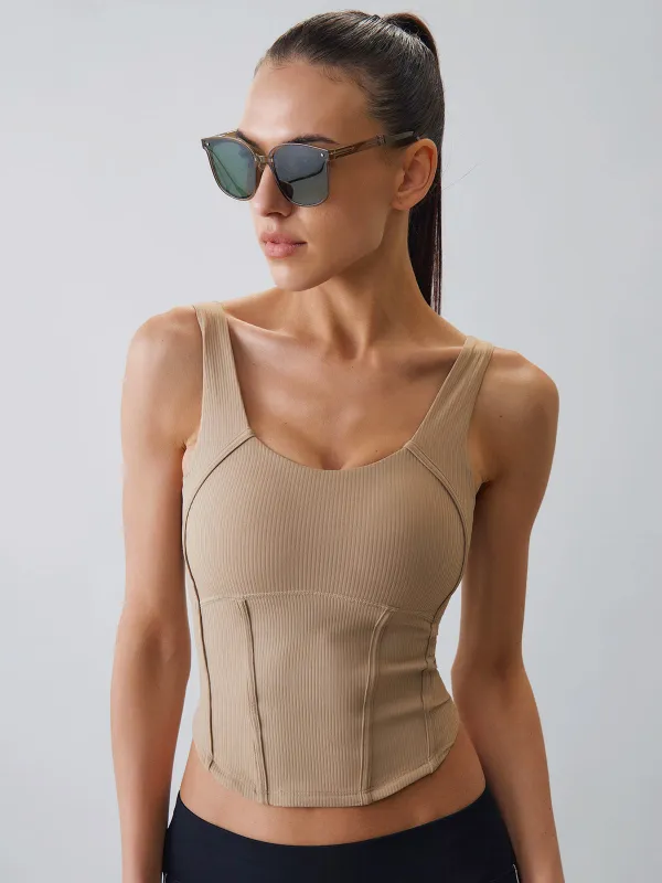 Khaki Stitch Panel Tank Top - Light Support sold by BERLOOK